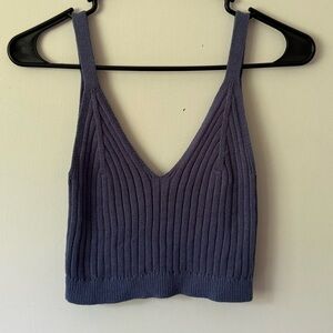 Aerie Crop Top Knit Deep V-Neck Dusty Blue X-Small